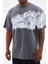Unisex Bisiklet Yaka Baskılı Oversize T-Shirt - Gri 1