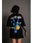 Unisex Bisiklet Yaka Baskılı Oversize T-Shirt - Siyah 2