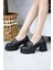 Kadın Kalın Toka 8 cm Platformlu Loafer Ayakkabı Siyah Cilt 4