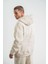Unisex Double Oversize Kapşonlu Yıkamalı Sweatshirt - Krem 4