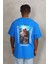Unisex Oversize Baskılı Bisiklet Yaka T-Shirt - Mavi 5