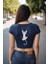 Tırmanan Kedi Baskılı Lacivert Crop Top 1
