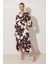 Ekru-Kahve Yaka Detaylı Desenli Rahat Kesim Midi Boy Elbise 1