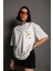 Unisex Bisiklet Yaka Baskılı Oversize T-Shirt - Beyaz 1