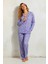 Süet Gömlek Pijama Takımı 7106 Çiçekli Lila 3