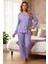 Süet Gömlek Pijama Takımı 7106 Çiçekli Lila 4