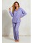 Süet Gömlek Pijama Takımı 7106 Çiçekli Lila 6