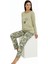 Üstü Yazılı Altı Yaprak Desenli Elite Viscose Pijama Takımı Uzun Yeşil 3559 4