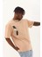 Unisex Oversize Baskılı Bisiklet Yaka T-Shirt - Bej 3