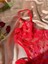 Romantik Tutku Kırmızı Kalp Işlemeli Transparan Dantel Bodysuit 2
