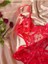 Romantik Tutku Kırmızı Kalp Işlemeli Transparan Dantel Bodysuit 5