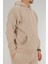 Erkek Bej Oversize Kapüşonlu Sweatshirt 3 Iplik Şardonlu Kanguru Cepli 2