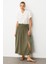 Büzgü Detay Yüksek Bel Uzun Etek-Haki 1