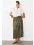 Büzgü Detay Yüksek Bel Uzun Etek-Haki 3