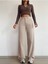 Millenio Paris Salaş Likralı Wide Leg Ekstra Yüksek Bel Jean Palazzo Kot Pant. Bej 3