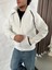 Erkek Oversize Dik Yaka Fermuarlı Sweatshirt - Zincir Nakışli Kanguru Cepli - Beyaz 1