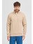 Unisex Regular Fit Rahat Kesim Pamuklu Içi Polarlı Yarım Fermuarlı Bej Dik Yaka Sweatshirt 2