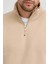 Unisex Regular Fit Rahat Kesim Pamuklu Içi Polarlı Yarım Fermuarlı Bej Dik Yaka Sweatshirt 4