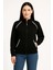 Kadın Oversize Dik Yaka Fermuarlı Sweatshirt - Zincir Nakışli Kanguru Cepli, - Siyah 1