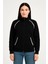 Kadın Oversize Dik Yaka Fermuarlı Sweatshirt - Zincir Nakışli Kanguru Cepli, - Siyah 3