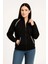 Kadın Oversize Dik Yaka Fermuarlı Sweatshirt - Zincir Nakışli Kanguru Cepli, - Siyah 4