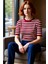 Kadın Pembe Koyu Pembe Çizgili Bisiklet Yaka Kısa Kollu Triko Üst Ince Kalıp Regular Boy Cool & 2