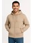 Erkek Üç Iplik Kapüşonlu Tam Fermuarlı Kanguru Çepli Sweatshirt Hoodie - Bej 4