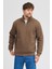 Unisex Regular Fit Rahat Kesim Pamuklu Içi Polarlı Yarım Fermuarlı Kahverengi Dik Yaka Sweatshirt 1