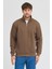 Unisex Regular Fit Rahat Kesim Pamuklu Içi Polarlı Yarım Fermuarlı Kahverengi Dik Yaka Sweatshirt 3