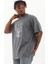 Unisex Oversize Taşlı Bisiklet Yaka T-Shirt - Füme 1