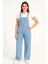 Kadın Chambray Açık Mavi Denim Görünümlü Geniş Paça Salopet Tulum - Mavi 3