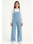 Kadın Chambray Açık Mavi Denim Görünümlü Geniş Paça Salopet Tulum - Mavi 4