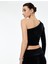 Slim Fit Asimetrik Yaka Uzun Kollu Crop Tek Omuz Kadife Bluz 4