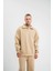 Unisex Double Oversize Patlı Yaka Sweatshirt - Bej 1