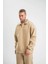Unisex Double Oversize Patlı Yaka Sweatshirt - Bej 4