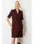 Kadın Kruvaze Yaka Süs Düğmeli Elbise 4017 Bordo 3