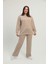 Kadın Büyük Beden Bej Taş Detaylı Bisiklet Yaka Eşofman Takım 65N38662 2