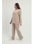 Kadın Büyük Beden Bej Taş Detaylı Bisiklet Yaka Eşofman Takım 65N38662 5