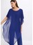 Kadın Büyük Beden Saks, Tek Parça Jarse, Şifon Üst, Omuz Detaylı, Geniş Paça Abiye Tulum 65N39019 4