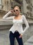 Ekru Peplum Etek Ucu Fırfırlı Güpür Bluz Uzun Kol Bağlama Detaylı Kare Yaka Şık Bluz 3