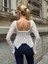 Ekru Peplum Etek Ucu Fırfırlı Güpür Bluz Uzun Kol Bağlama Detaylı Kare Yaka Şık Bluz 9