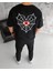 Unisex Bisiklet Yaka Baskılı Oversize T-Shirt - Siyah 2