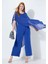 Kadın Büyük Beden Mavi, Tek Parça Jarse, Şifon Üst, Omuz Detaylı, Geniş Paça Abiye Tulum 65N39019 1