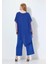 Kadın Büyük Beden Mavi, Tek Parça Jarse, Şifon Üst, Omuz Detaylı, Geniş Paça Abiye Tulum 65N39019 2