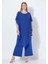 Kadın Büyük Beden Mavi, Tek Parça Jarse, Şifon Üst, Omuz Detaylı, Geniş Paça Abiye Tulum 65N39019 6