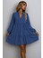 Kadın Uzun Kollu Yakadan Bağcıklı Fırfırlı Keten Mini Elbise 1