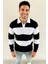 Erkek Polo Yaka Uzun Kollu Çizgili Sweatshirt Trend Rugby Stil - Siyah 1
