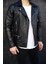 Erkek Siyah Biker Deri Ceket Slim Fit Suni Deri Modern Tasarım 1