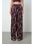 Kadın Bordo - Krem Renk Desenli Bol Paça Beli Lastikli Pantolon 1