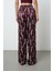 Kadın Bordo - Krem Renk Desenli Bol Paça Beli Lastikli Pantolon 5